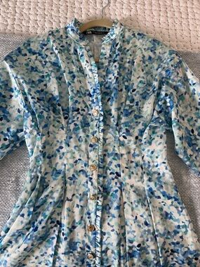 ZARA Blue & Aqua Watercolor Ruffle Blouse